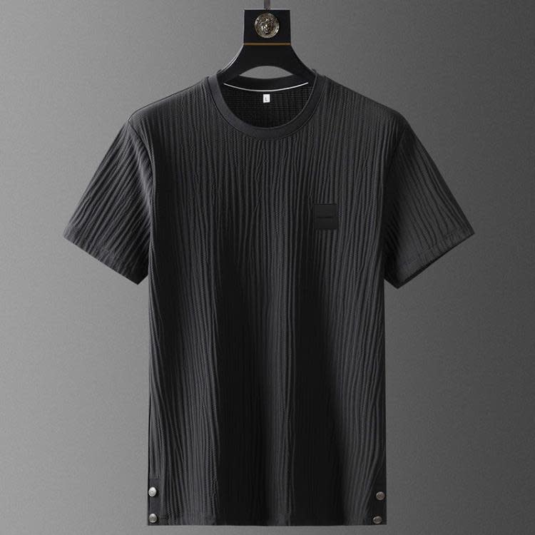 長褲 歐洲站夏季高檔彈力冰絲休閒運動套裝男褶皺薄款短袖二件套男-細節圖4