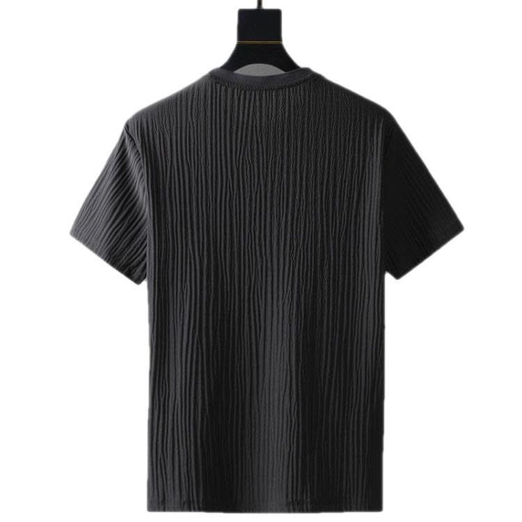 長褲 歐洲站夏季高檔彈力冰絲休閒運動套裝男褶皺薄款短袖二件套男-細節圖5