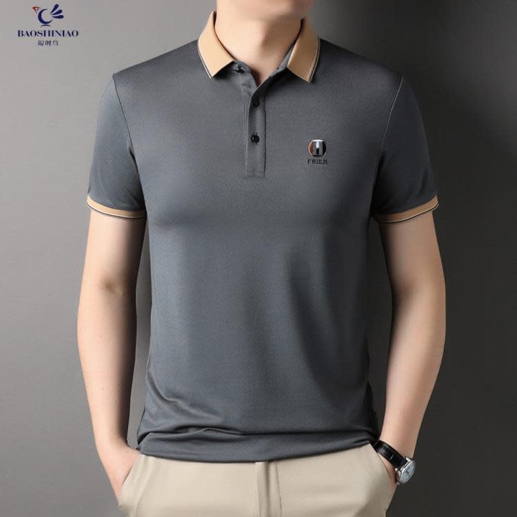 短袖T恤 男裝夏季桑蠶絲POLO衫男2023新款正韓潮流刺繡薄款翻領t恤男-細節圖3