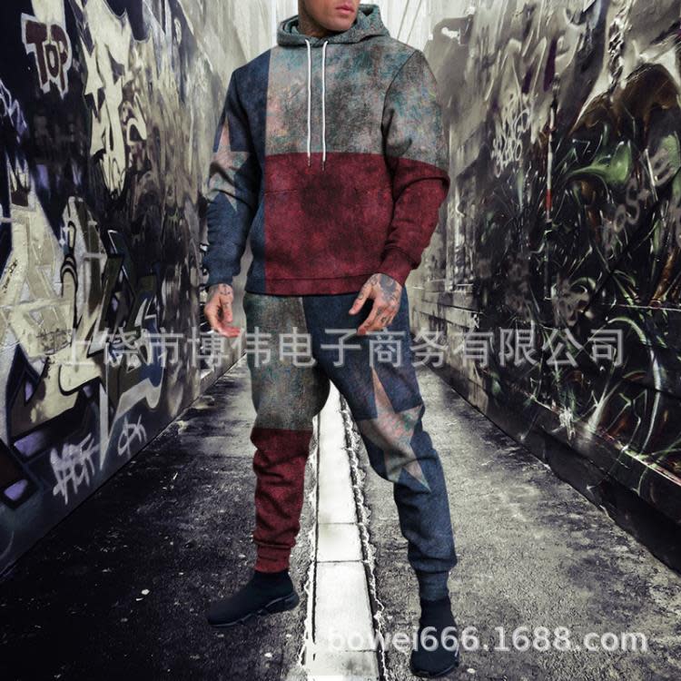 新款3D美國獨立日印花時尚個性創意男士連帽套裝休閒衛衣衛褲-細節圖2