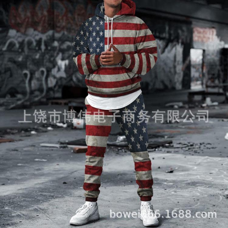 新款3D美國獨立日印花時尚個性創意男士連帽套裝休閒衛衣衛褲-細節圖4