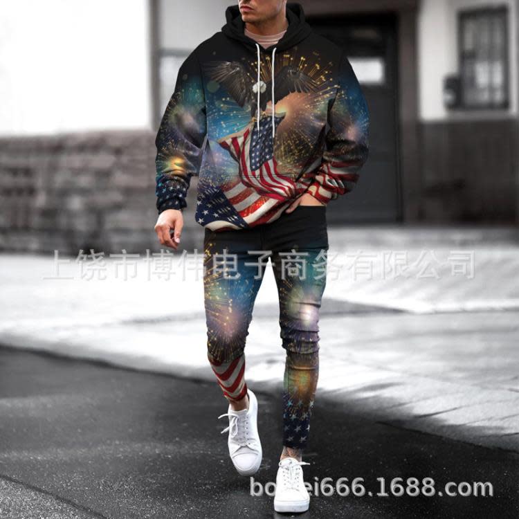 新款3D美國獨立日印花時尚個性創意男士連帽套裝休閒衛衣衛褲-細節圖5
