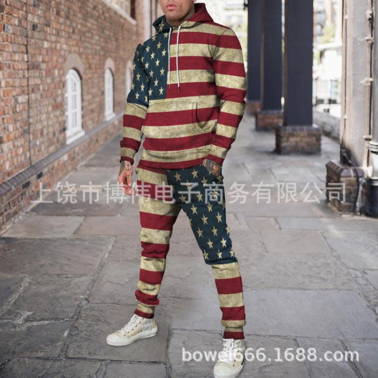 新款3D美國獨立日印花時尚個性創意男士連帽套裝休閒衛衣衛褲-細節圖6
