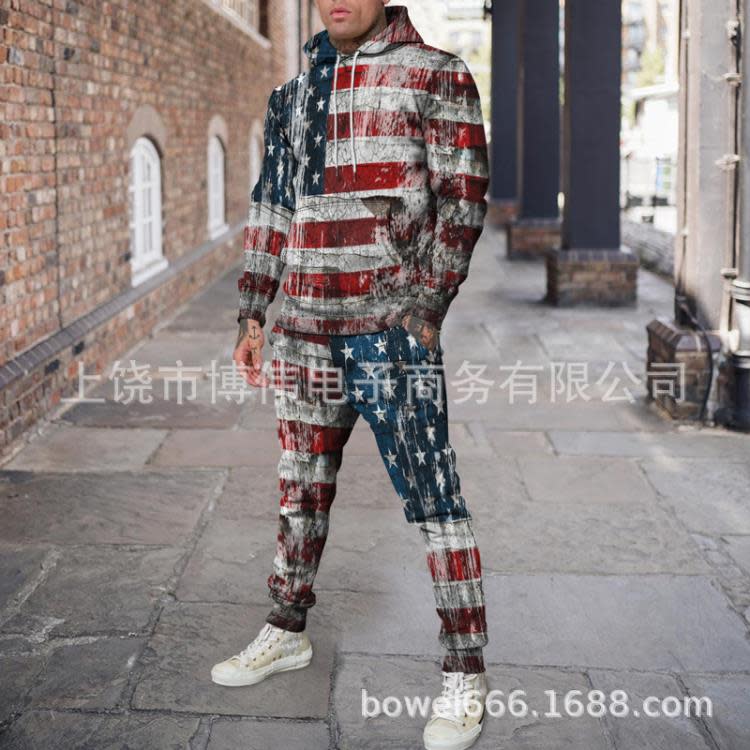 新款3D美國獨立日印花時尚個性創意男士連帽套裝休閒衛衣衛褲-細節圖7