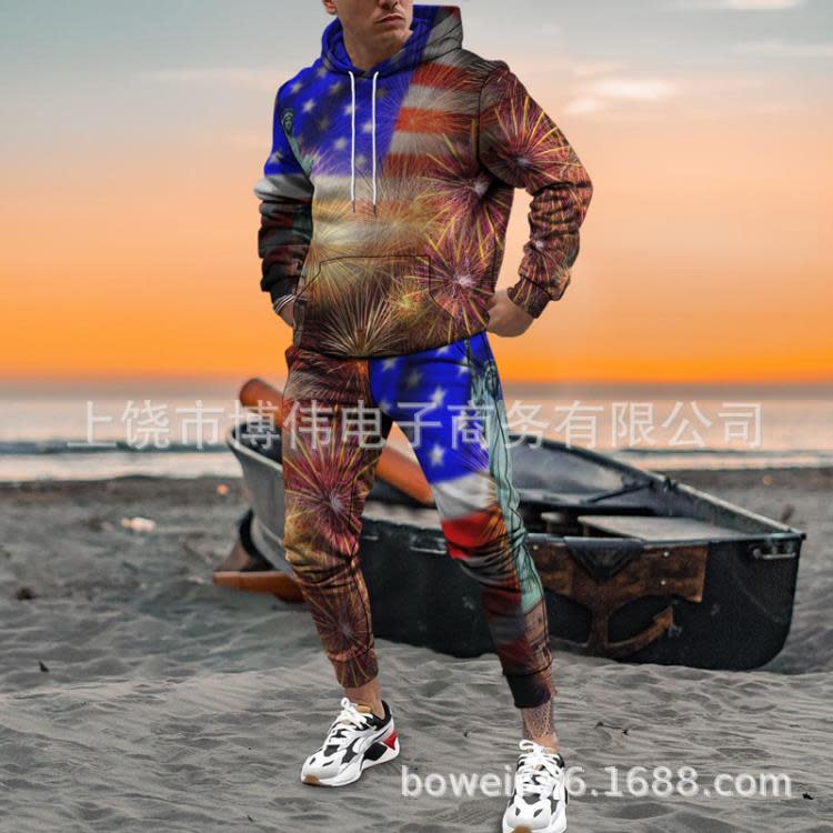 新款3D美國獨立日印花時尚個性創意男士連帽套裝休閒衛衣衛褲-細節圖8