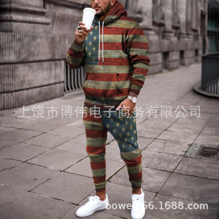 新款3D美國獨立日印花時尚個性創意男士連帽套裝休閒衛衣衛褲-細節圖9