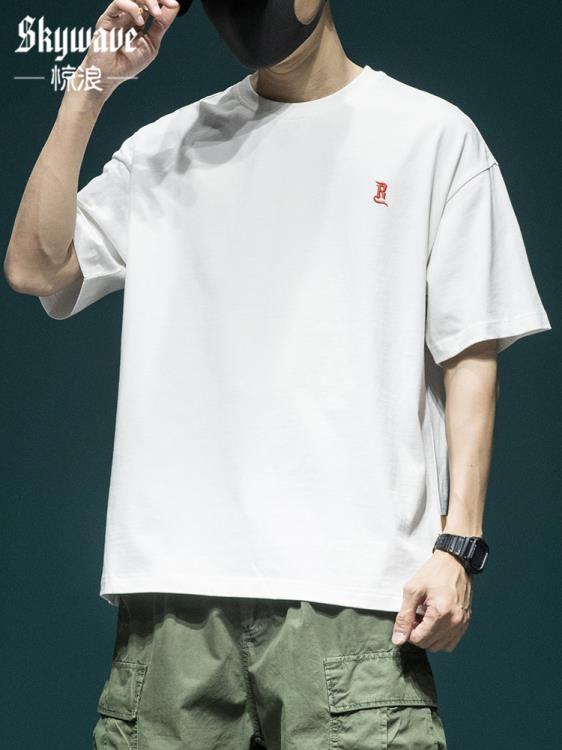 短袖T恤 夏季棉質t恤男寬松大碼小領口日系潮牌體恤情侶款半袖上衣tee-細節圖7