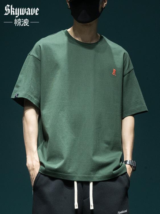 短袖T恤 夏季棉質t恤男寬松大碼小領口日系潮牌體恤情侶款半袖上衣tee-細節圖8