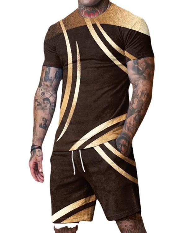 歐美夏季新款男式運動短袖套裝時尚創意3D印花休閒T恤 短褲二件套-細節圖5