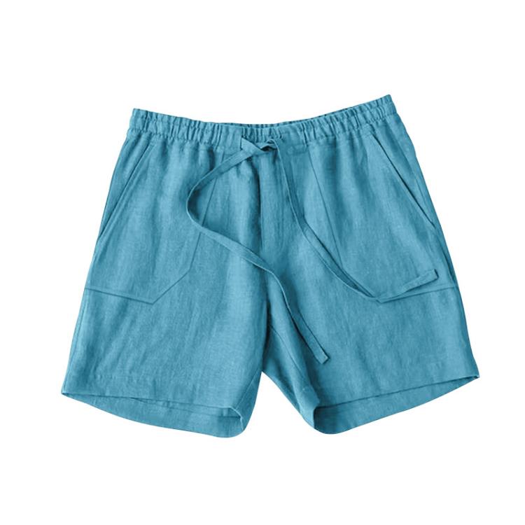 短褲 歐美男式夏季棉麻抽繩松緊腰純色透氣沙灘五分休閒中褲-細節圖8