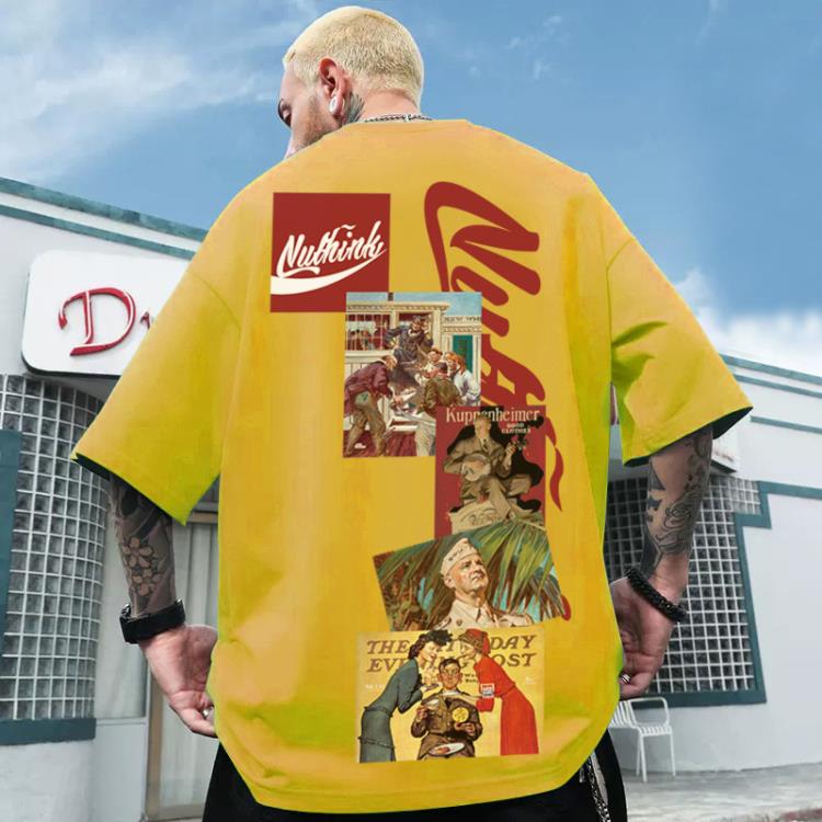 短袖T恤 歐美街頭復古慵懶風嘻哈半袖ins男潮牌寬松潮胖子大碼男裝-細節圖3