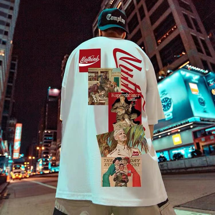 短袖T恤 歐美街頭復古慵懶風嘻哈半袖ins男潮牌寬松潮胖子大碼男裝-細節圖5