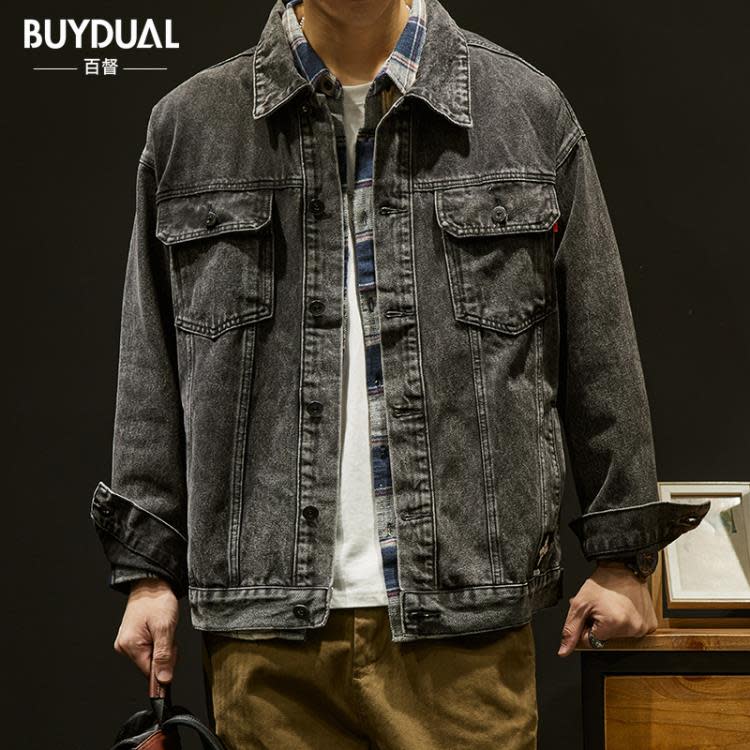 牛仔外套 春季復古水洗衣外套男士新款潮牌美式休閒工裝夾克春秋款衣服-細節圖2