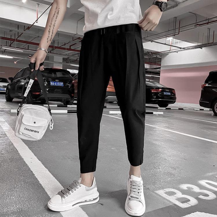 休閒褲 工裝褲男網紅褲子正韓潮流純色百搭束腳褲痞帥九分褲薄款修身-細節圖2