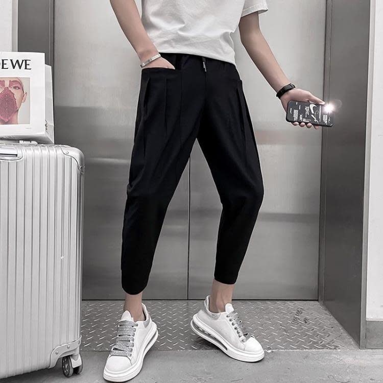 休閒褲 工裝褲男網紅褲子正韓潮流純色百搭束腳褲痞帥九分褲薄款修身-細節圖3