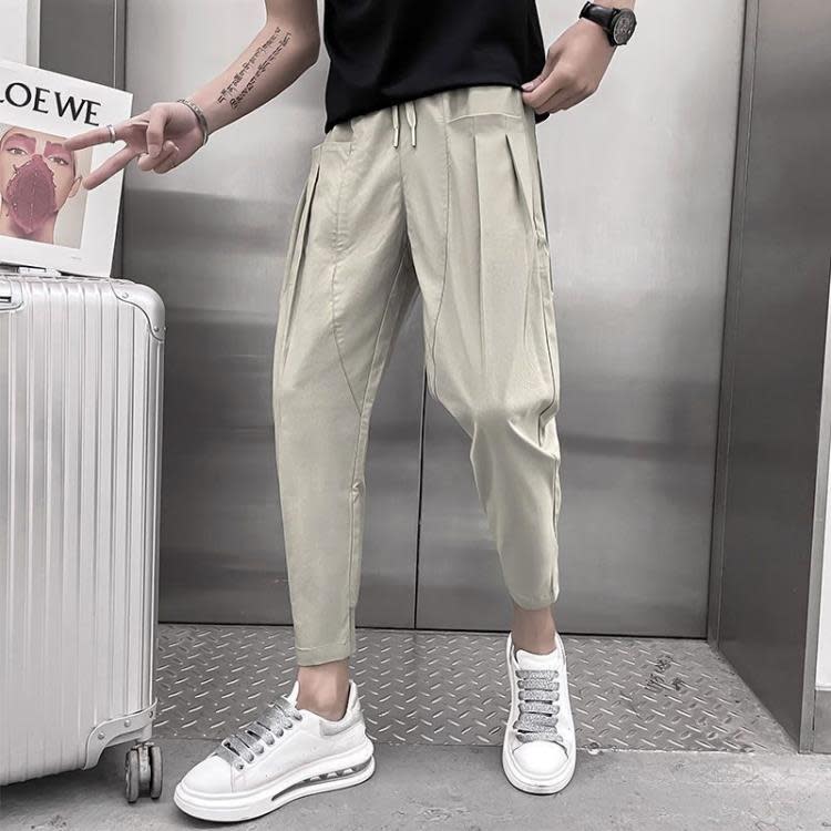 休閒褲 工裝褲男網紅褲子正韓潮流純色百搭束腳褲痞帥九分褲薄款修身-細節圖4