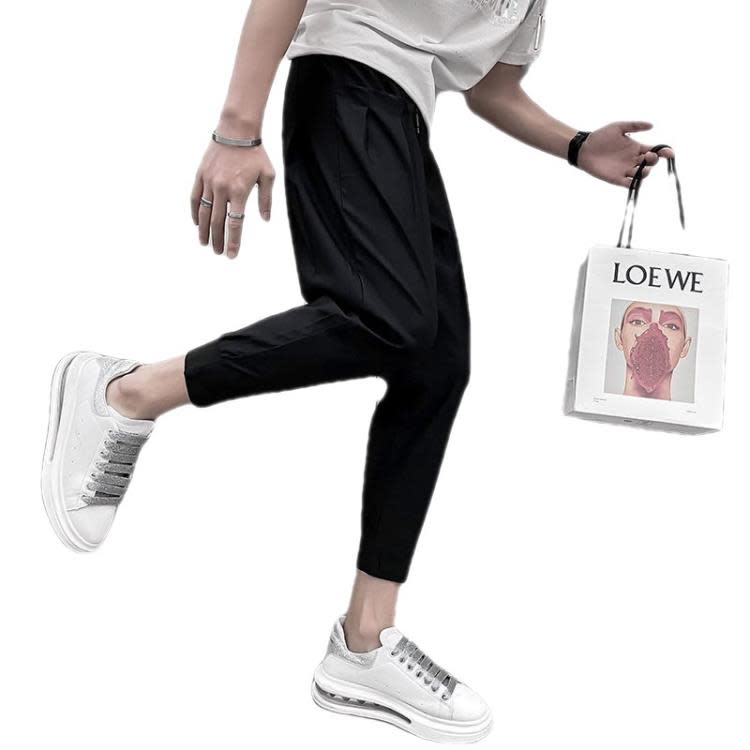 休閒褲 工裝褲男網紅褲子正韓潮流純色百搭束腳褲痞帥九分褲薄款修身-細節圖5