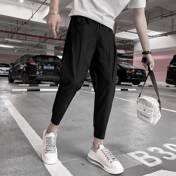 休閒褲 工裝褲男網紅褲子正韓潮流純色百搭束腳褲痞帥九分褲薄款修身-細節圖6