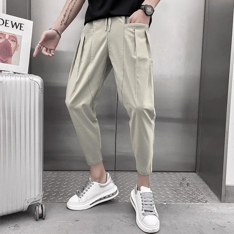 休閒褲 工裝褲男網紅褲子正韓潮流純色百搭束腳褲痞帥九分褲薄款修身-細節圖7