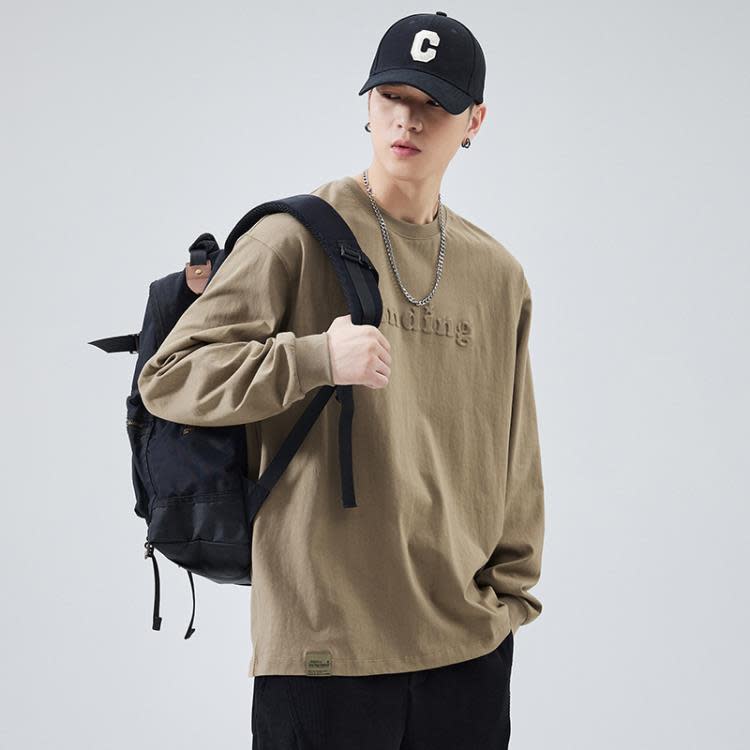 長袖T恤 260g重磅男純棉寬松大碼衛衣春秋新品簡約百搭打底衫-細節圖3