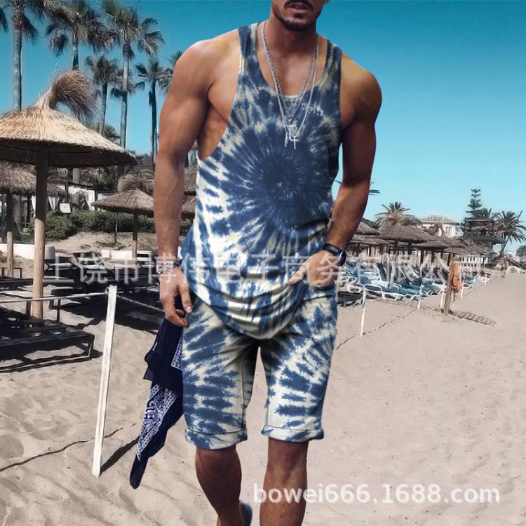 2023夏季嘻哈風男士時尚個性3D數碼印花背心街頭潮流二件套-細節圖2