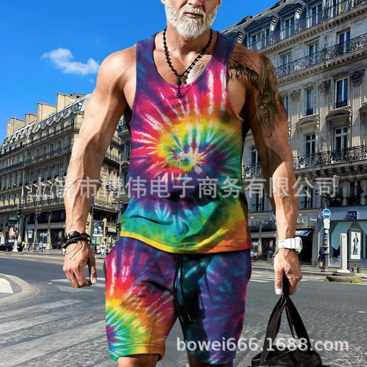 2023夏季嘻哈風男士時尚個性3D數碼印花背心街頭潮流二件套-細節圖3