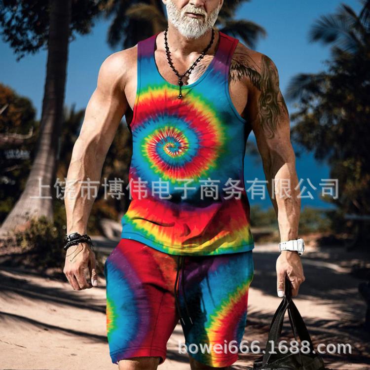 2023夏季嘻哈風男士時尚個性3D數碼印花背心街頭潮流二件套-細節圖4