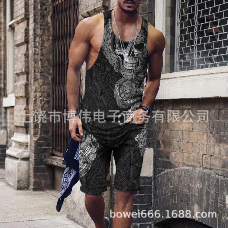 2023夏季嘻哈風男士時尚個性3D數碼印花背心街頭潮流二件套-細節圖5
