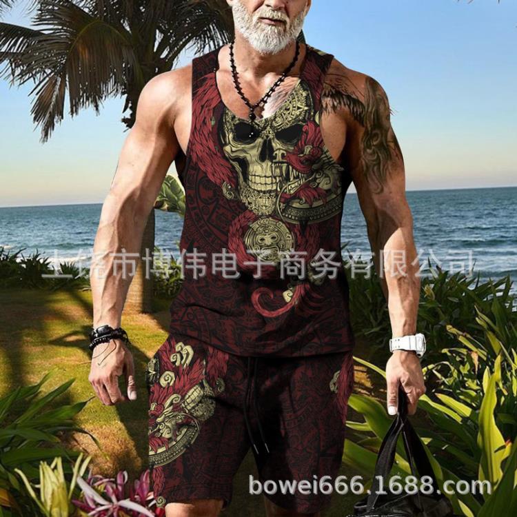 2023夏季嘻哈風男士時尚個性3D數碼印花背心街頭潮流二件套-細節圖6