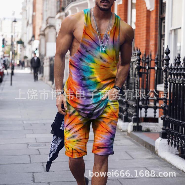 2023夏季嘻哈風男士時尚個性3D數碼印花背心街頭潮流二件套-細節圖7