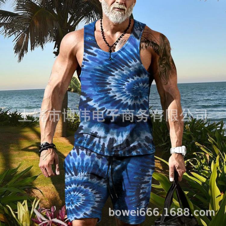 2023夏季嘻哈風男士時尚個性3D數碼印花背心街頭潮流二件套-細節圖8