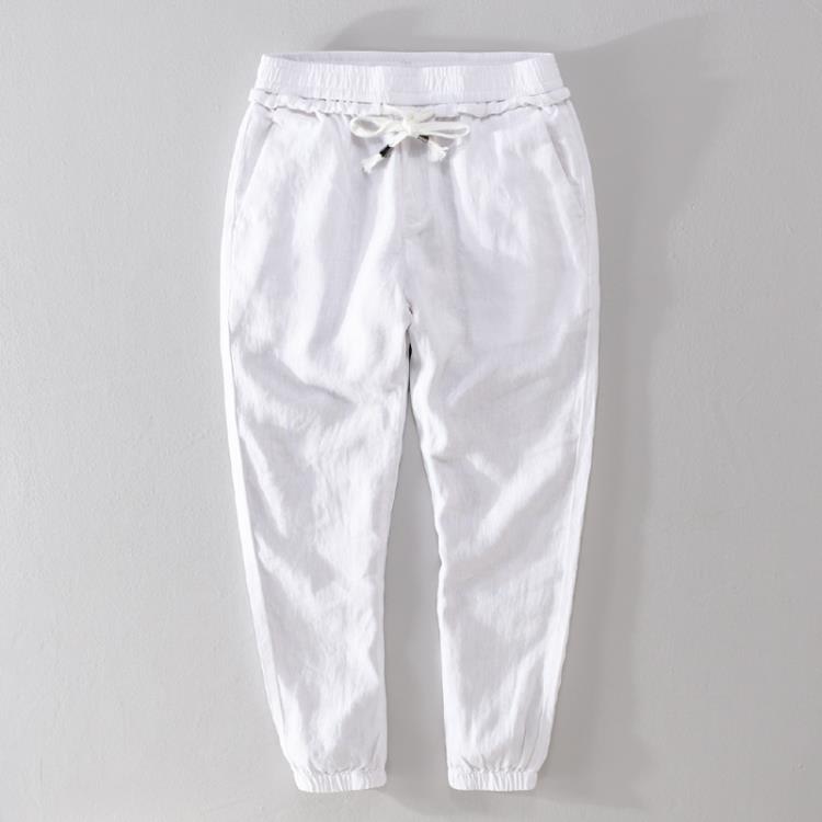 亞麻褲男寬松褲哈倫褲抽繩運動褲蘿卜褲風男裝棉麻九分褲7410-細節圖2