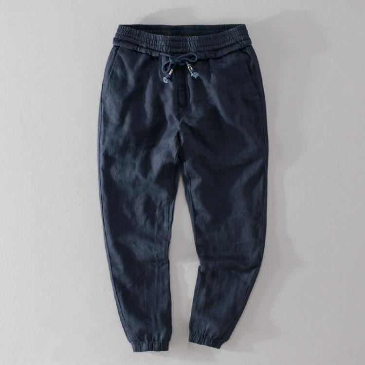 亞麻褲男寬松褲哈倫褲抽繩運動褲蘿卜褲風男裝棉麻九分褲7410-細節圖3