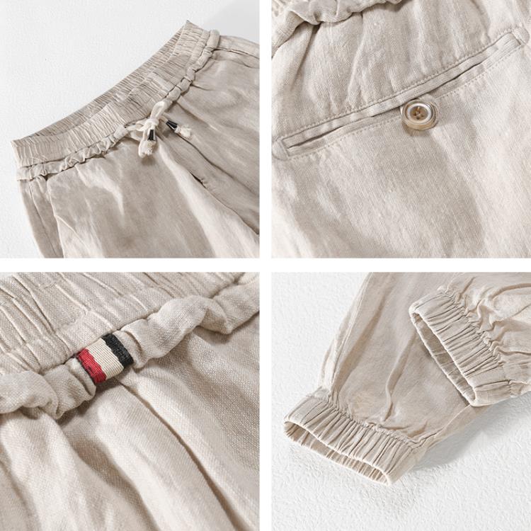 亞麻褲男寬松褲哈倫褲抽繩運動褲蘿卜褲風男裝棉麻九分褲7410-細節圖4