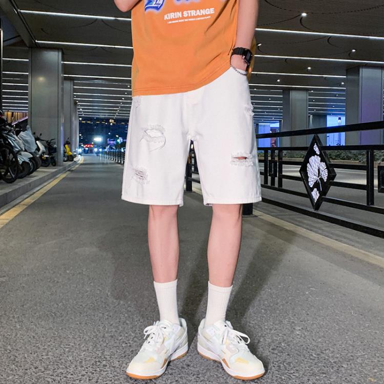 短褲 日系男裝破洞牛仔男潮牌寬松直筒白色vibe高街休閒五分中褲子-細節圖2