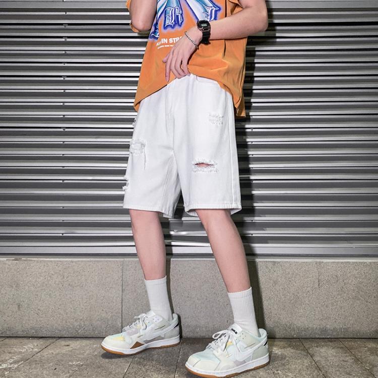 短褲 日系男裝破洞牛仔男潮牌寬松直筒白色vibe高街休閒五分中褲子-細節圖3