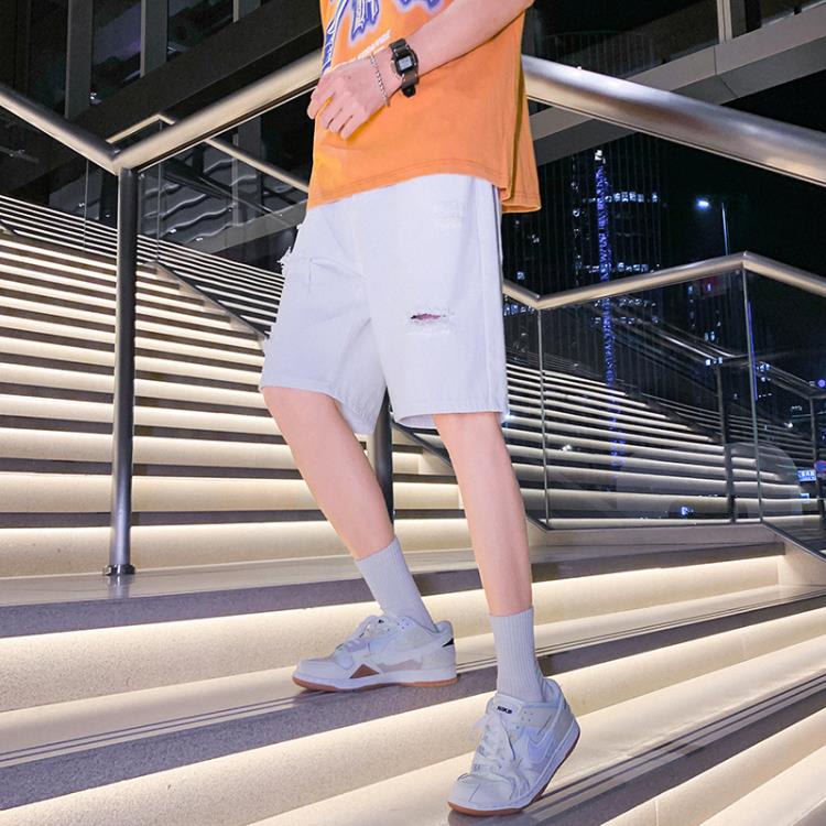 短褲 日系男裝破洞牛仔男潮牌寬松直筒白色vibe高街休閒五分中褲子-細節圖4