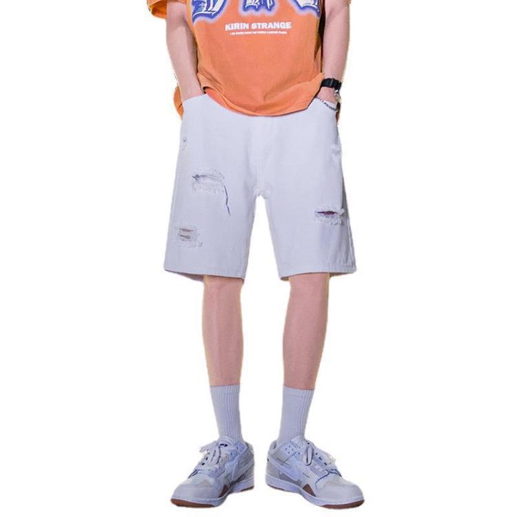 短褲 日系男裝破洞牛仔男潮牌寬松直筒白色vibe高街休閒五分中褲子-細節圖5