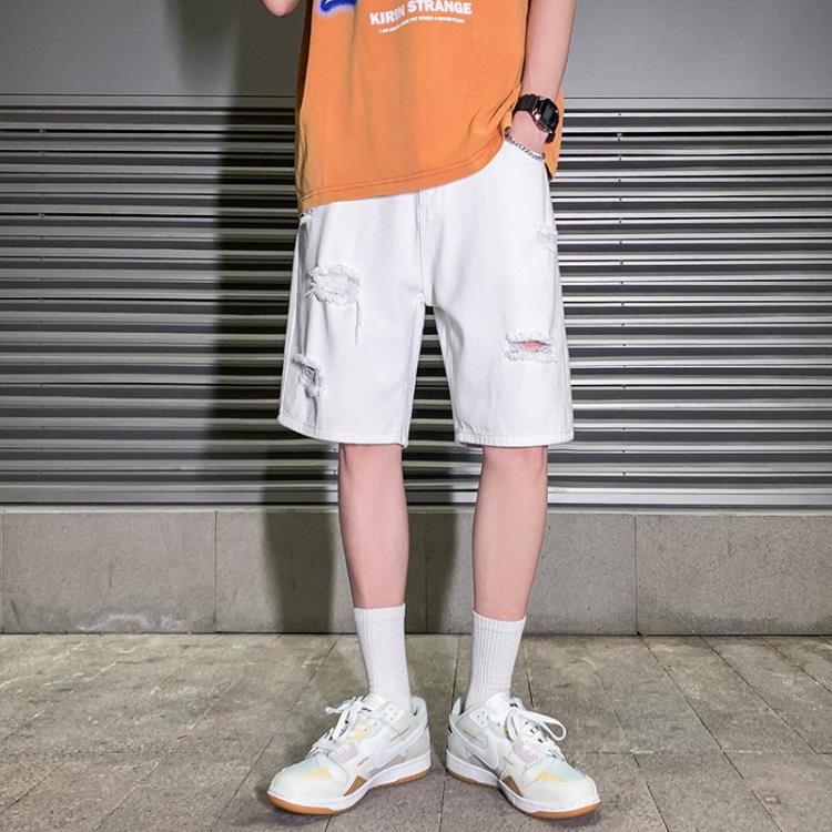 短褲 日系男裝破洞牛仔男潮牌寬松直筒白色vibe高街休閒五分中褲子-細節圖6
