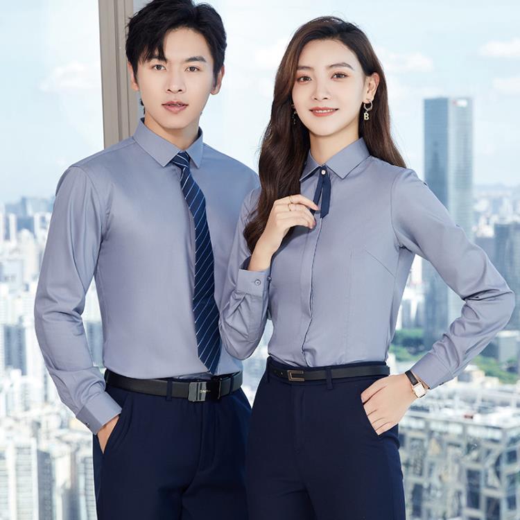 免燙竹纖維長袖襯衫男士商務正裝白色藍色黑色灰色襯衣女暗扣紐扣-細節圖2