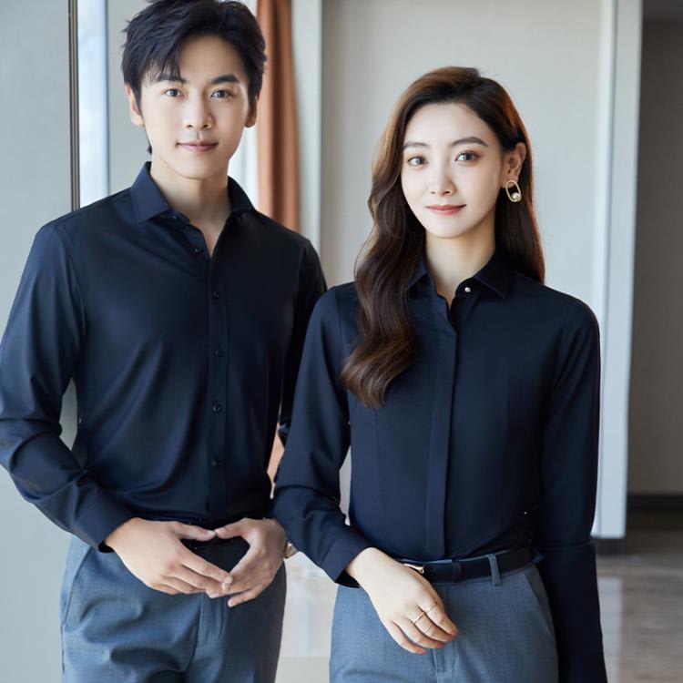 免燙竹纖維長袖襯衫男士商務正裝白色藍色黑色灰色襯衣女暗扣紐扣-細節圖3