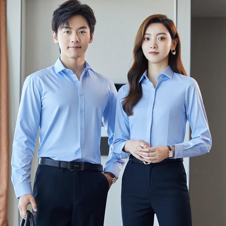 免燙竹纖維長袖襯衫男士商務正裝白色藍色黑色灰色襯衣女暗扣紐扣-細節圖4