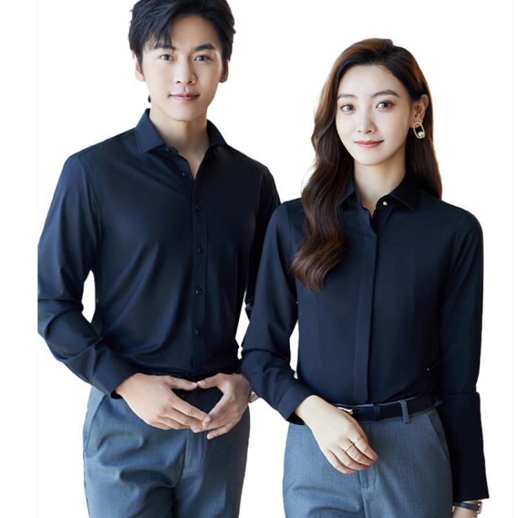 免燙竹纖維長袖襯衫男士商務正裝白色藍色黑色灰色襯衣女暗扣紐扣-細節圖5