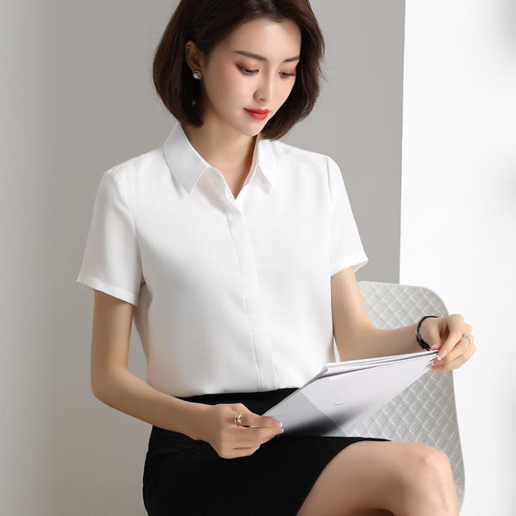白色雪紡襯衫女 夏季薄款氣質新款正裝免燙短袖灰色黑色紫色襯衣-細節圖2