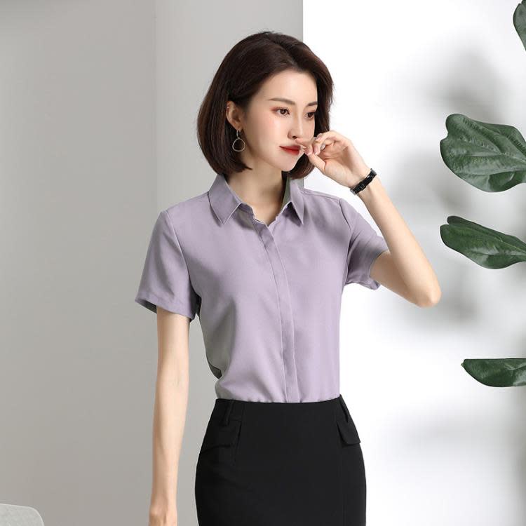 白色雪紡襯衫女 夏季薄款氣質新款正裝免燙短袖灰色黑色紫色襯衣-細節圖6