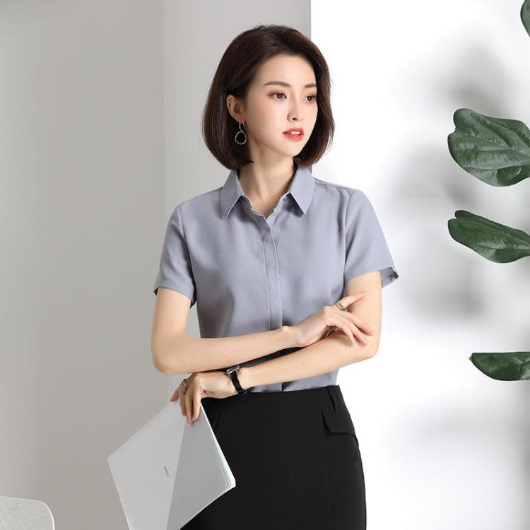 白色雪紡襯衫女 夏季薄款氣質新款正裝免燙短袖灰色黑色紫色襯衣-細節圖7