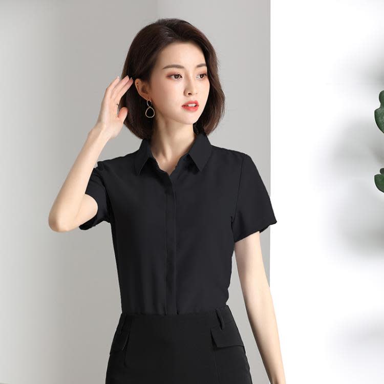 白色雪紡襯衫女 夏季薄款氣質新款正裝免燙短袖灰色黑色紫色襯衣-細節圖8