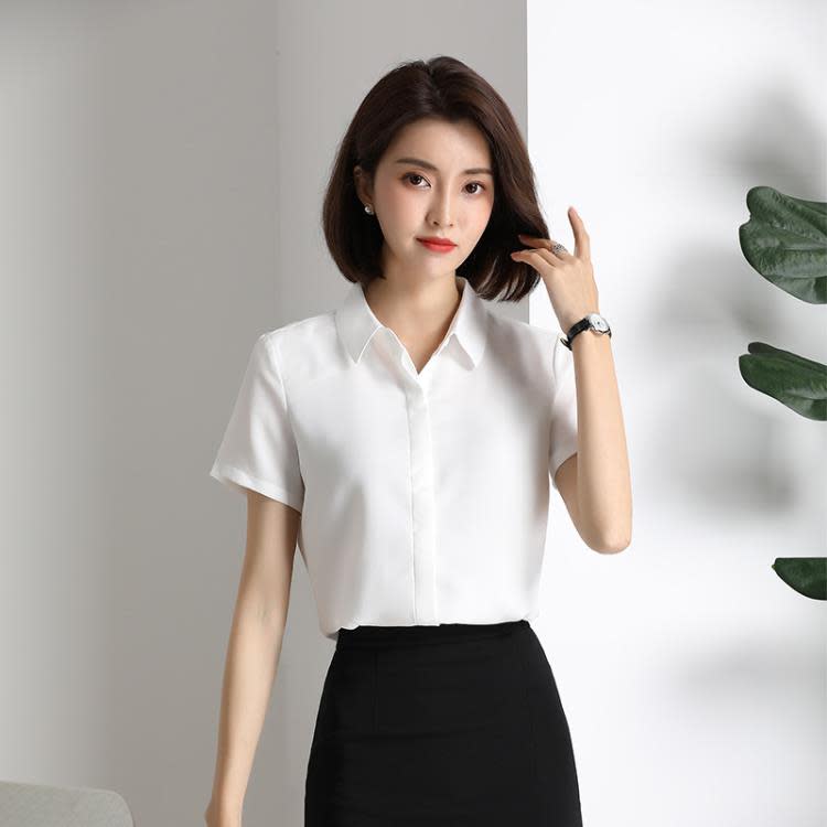 白色雪紡襯衫女 夏季薄款氣質新款正裝免燙短袖灰色黑色紫色襯衣-細節圖9