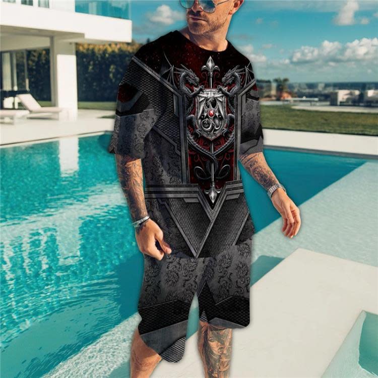 歐美時尚簡約男士寬松3D短袖套裝 夏季運動休閒圓領男士T恤套裝-細節圖9