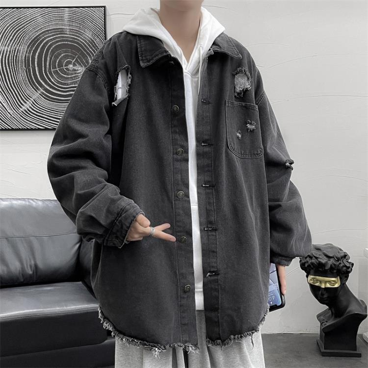 牛仔長袖襯衫男春秋季潮牌正韓帥氣ins香港寬松破洞休閒牛仔外套-細節圖3